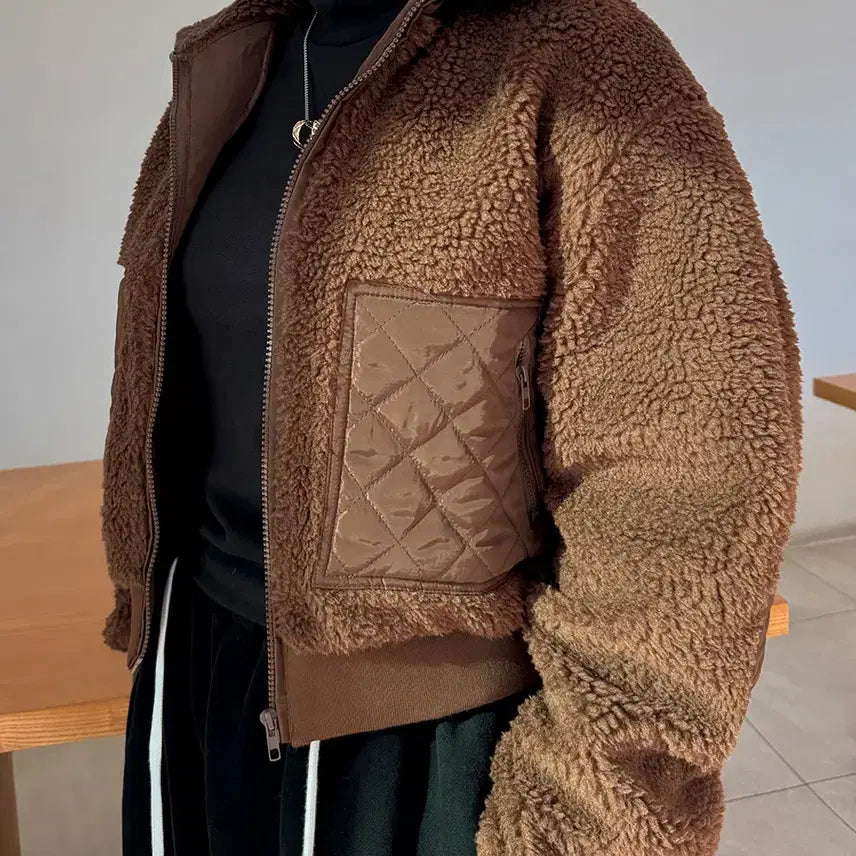 [BUNJANG] Women's White Fur Jacket / 양털집업 여성후리스점퍼 누빔포켓 하이넥 화이트퍼자켓