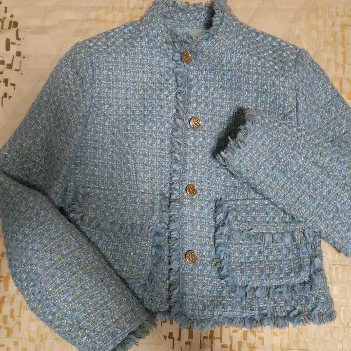 [BUNJANG] Tweed Sky Blue Gold Button Jacket S / 트위드 하늘색 금장 버튼 자켓 S