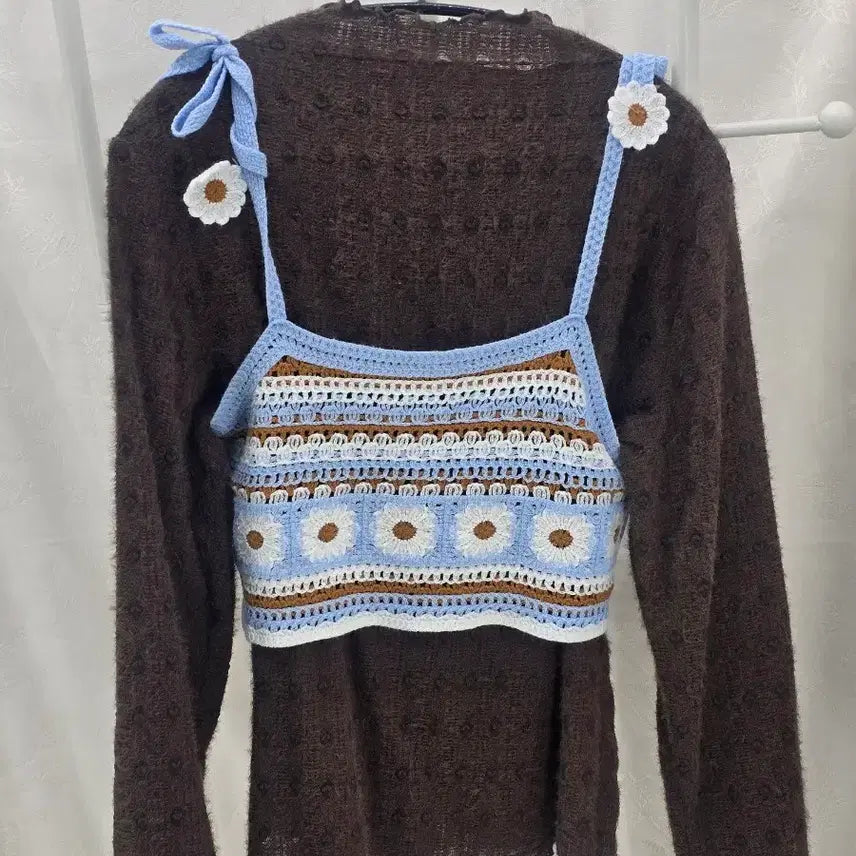 [BUNJANG] Crochet Daisy Bustier & Brown Knit Set / 크로셰 데이지 뷔스티에 & 갈색 니트 세트