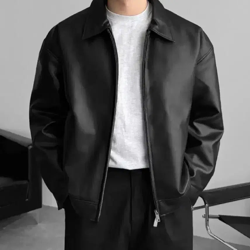 [BUNJANG] Leather Collar Jacket Black 3XL / 가죽 카라 자켓 블랙 3XL(115-120)사이즈 판매합니다.[새상품]