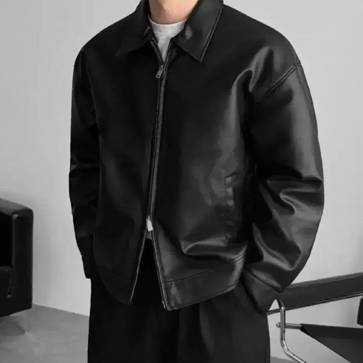 [BUNJANG] Leather Collar Jacket Black 3XL / 가죽 카라 자켓 블랙 3XL(115-120)사이즈 판매합니다.[새상품]