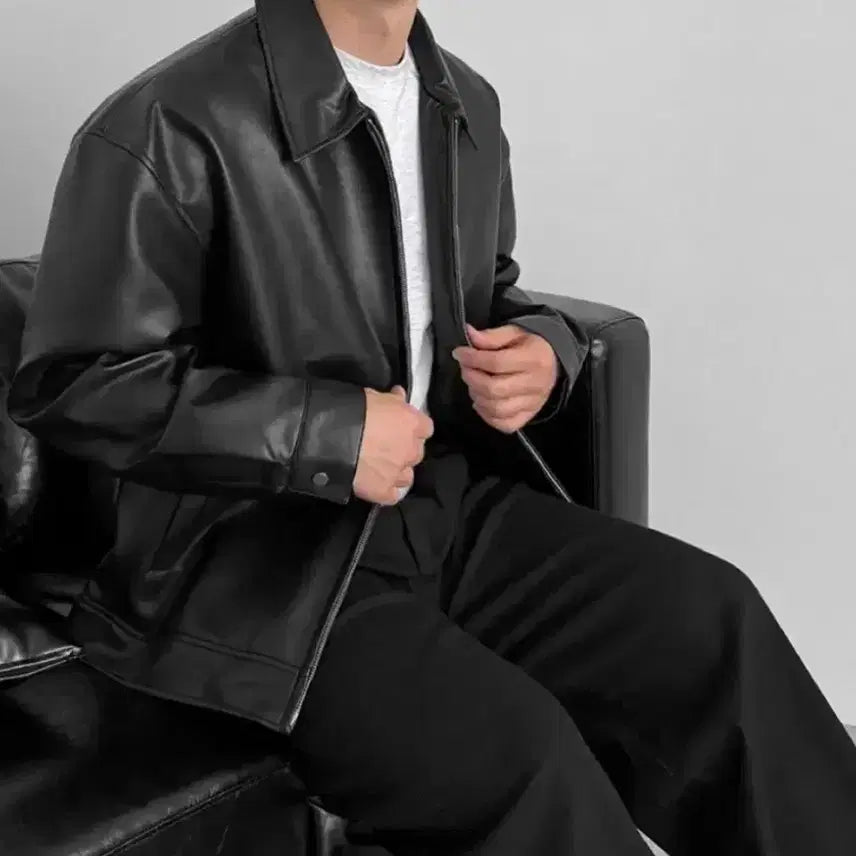 [BUNJANG] Leather Collar Jacket Black 3XL / 가죽 카라 자켓 블랙 3XL(115-120)사이즈 판매합니다.[새상품]