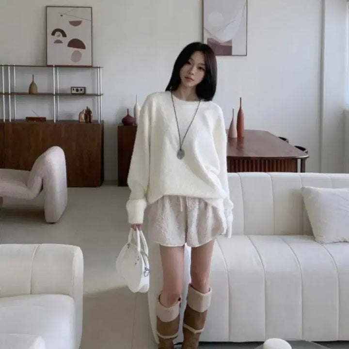 [BUNJANG] Gusta Angora Knit + Fleece Shorts Set / 구스타 앙고라니트+양털숏팬츠
