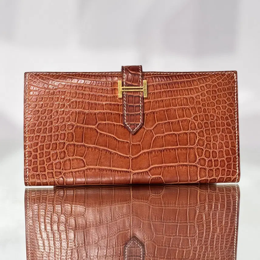 [BUNJANG] Hermes Bearn Alligator Long Wallet Brown Gold / 에르메스 와니 베안 장지갑 엘리게이터 브라운 골드