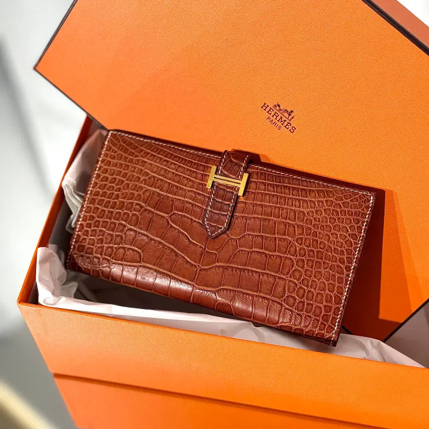 [BUNJANG] Hermes Bearn Alligator Long Wallet Brown Gold / 에르메스 와니 베안 장지갑 엘리게이터 브라운 골드