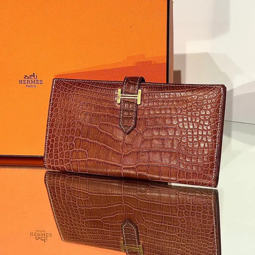 [BUNJANG] Hermes Bearn Alligator Long Wallet Brown Gold / 에르메스 와니 베안 장지갑 엘리게이터 브라운 골드
