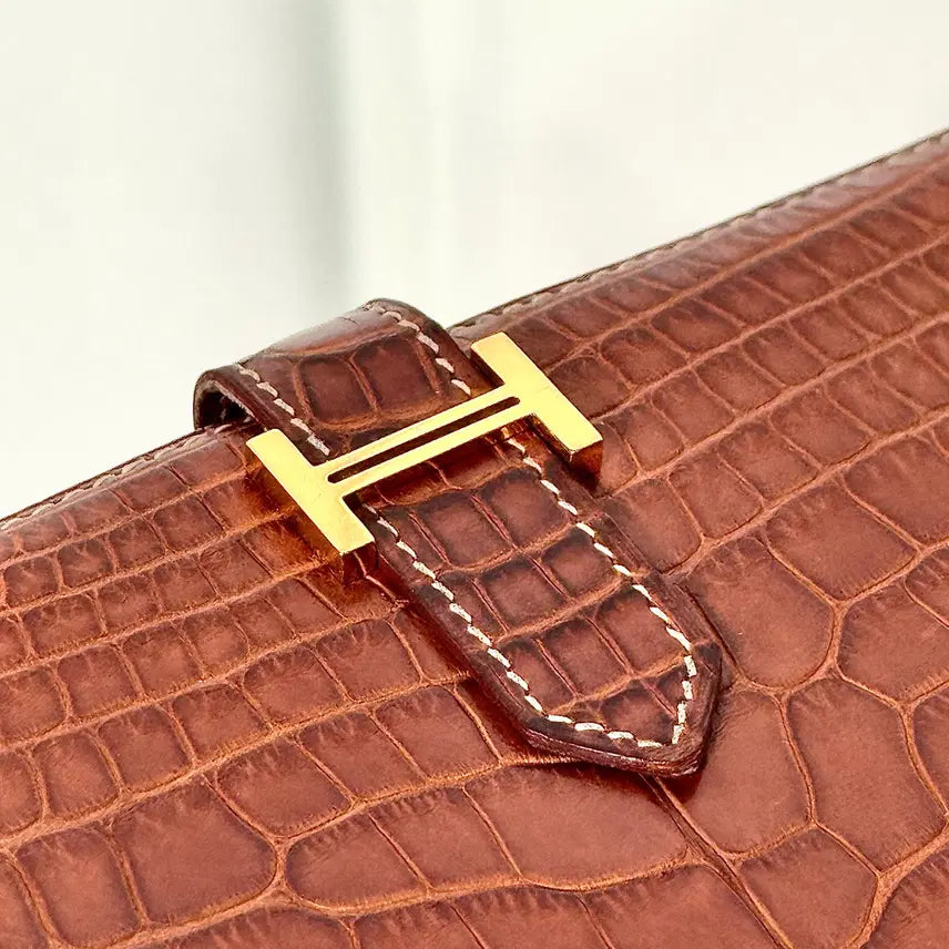 [BUNJANG] Hermes Bearn Alligator Long Wallet Brown Gold / 에르메스 와니 베안 장지갑 엘리게이터 브라운 골드