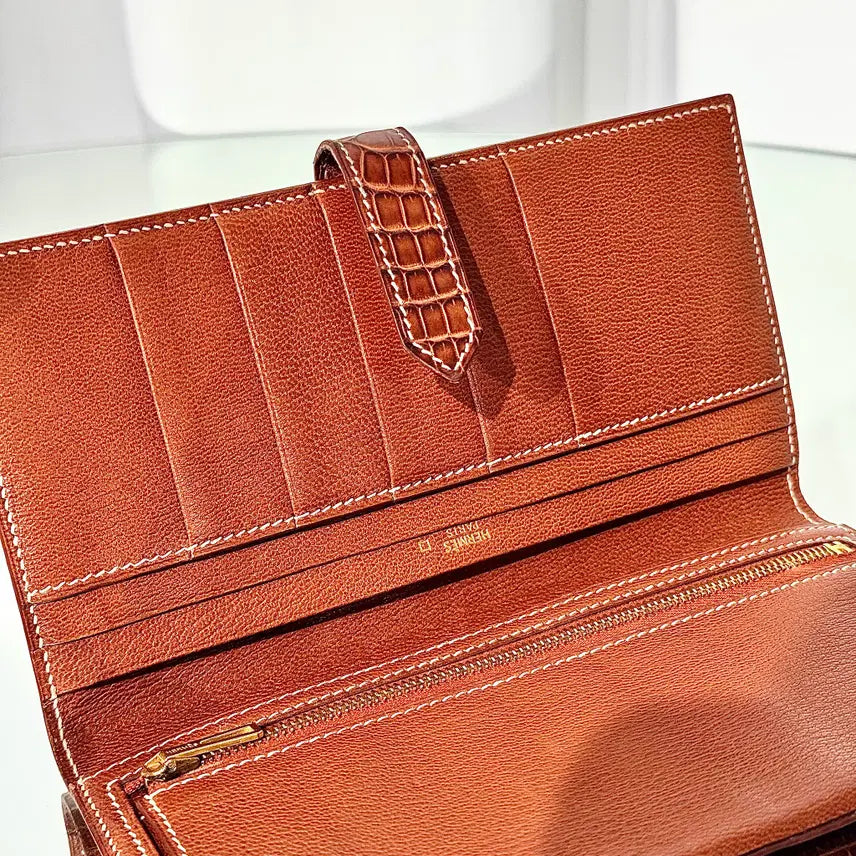 [BUNJANG] Hermes Bearn Alligator Long Wallet Brown Gold / 에르메스 와니 베안 장지갑 엘리게이터 브라운 골드