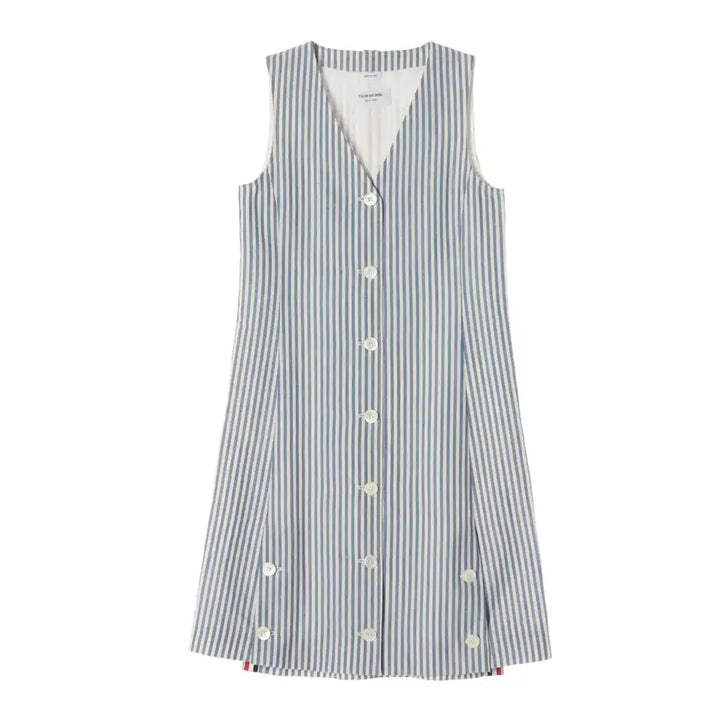 [BUNJANG] Thom Browne Stripe Wool Mohair Sleeveless V-Neck Button Dress / 톰 브라운 스트라이프 울 모헤어 슬리브리스 브이넥 버튼 원피스