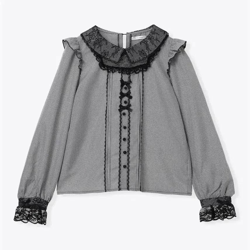 [BUNJANG] Noemi York Lace Blouse Gingham Check Item / 노에미 요크 레이스 블라우스 깅엄체크 치도리 블랙 화이트 흰검 양산형
