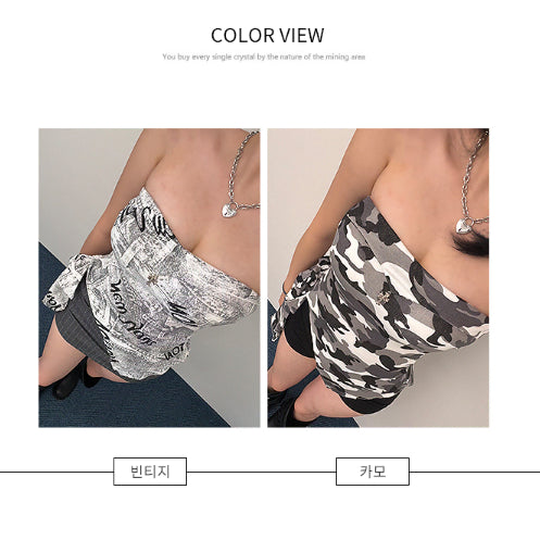 [BUNJANG] Camouflage Pattern Tube Top T-Shirt with Built-in Cups / 튜브탑 패턴티셔츠 카모 캡내장 클럽