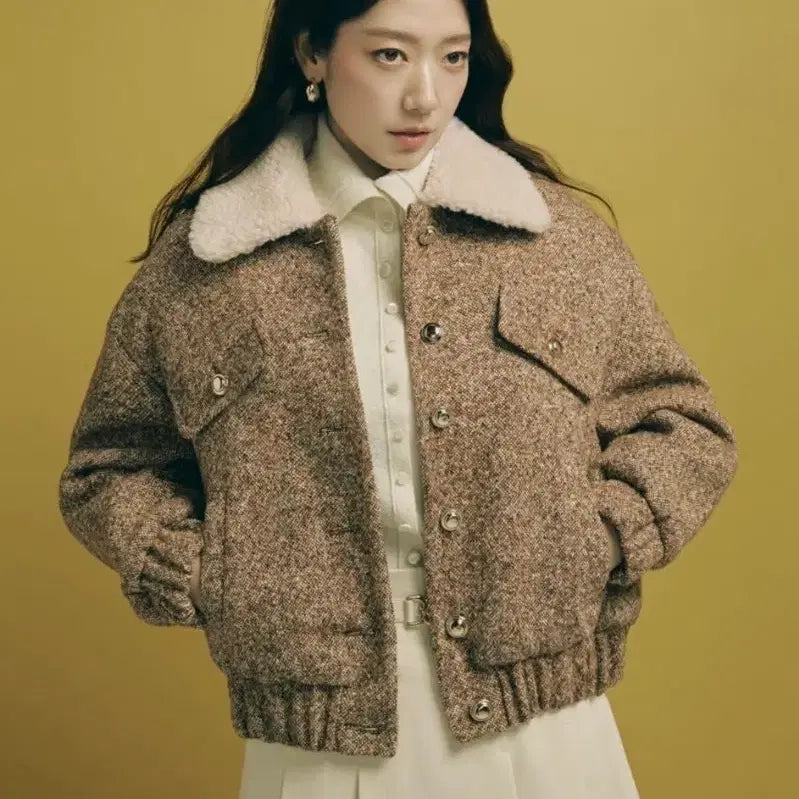 [BUNJANG] Mojo S. Phine Tweed Shearling Collar Jacket 66 / 미착용) 모조에스핀 트위드 양털 카라 자켓 66