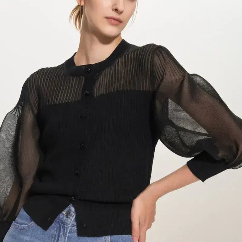 [BUNJANG] TIME See-Through Block Knit Cardigan / (새상품) 타임 시스루 블록니트가디건