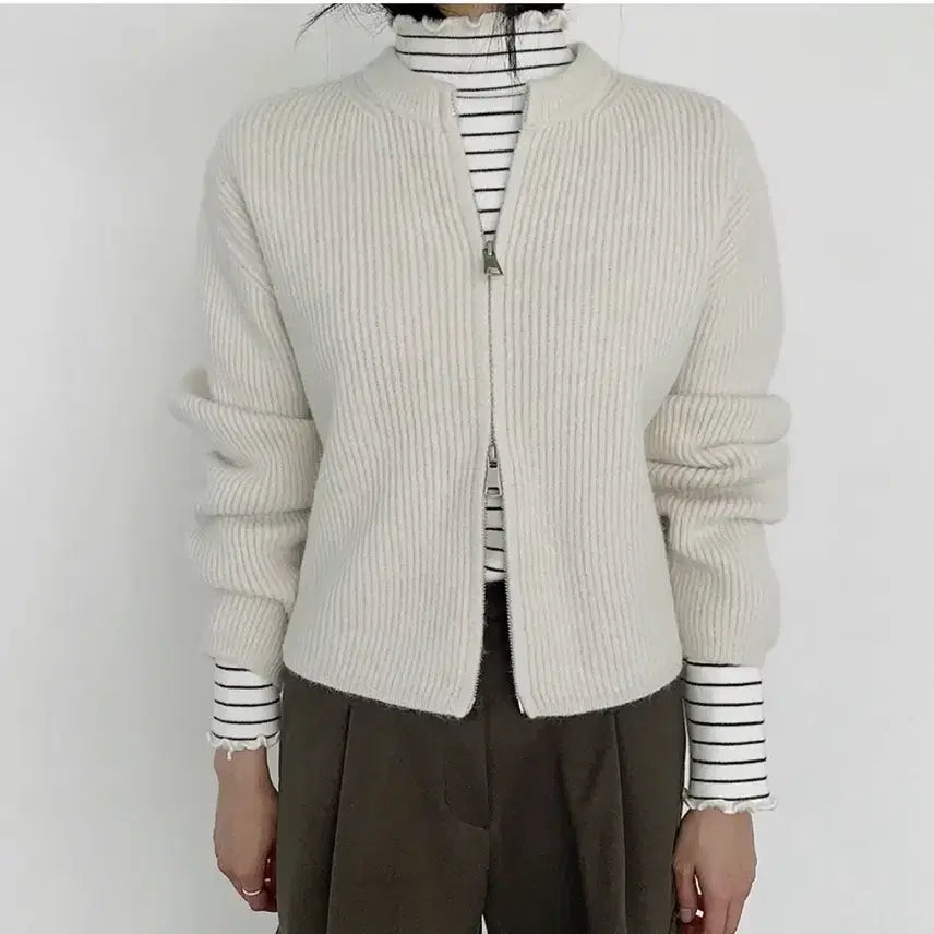 [BUNJANG] From Beginning Two-Way Zip-Up Cardigan Ivory / 프롬비기닝 골지니트 투웨이집업가디건 니트가디건 아이보리