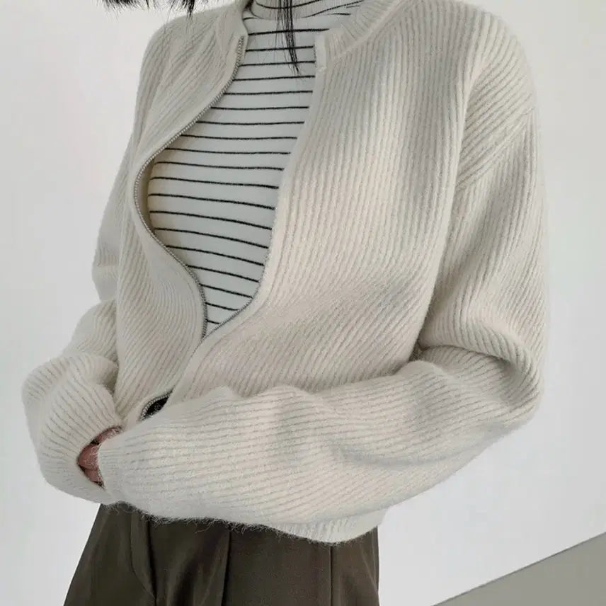 [BUNJANG] From Beginning Two-Way Zip-Up Cardigan Ivory / 프롬비기닝 골지니트 투웨이집업가디건 니트가디건 아이보리