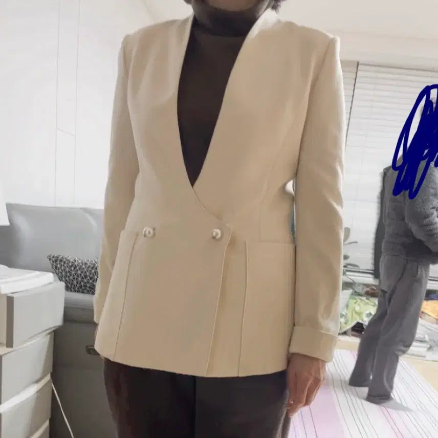 [BUNJANG] OBZEE Ivory No Collar Jacket / 한섬 OBZEE 오브제아카이브 아이보리 노카라 자켓