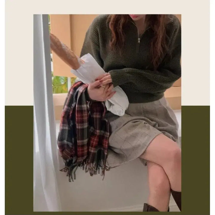 [BUNJANG] Waffle Pattern Loose Fit Half Zip Knit Sweater / 와플 패턴 루즈핏 겨울 반집업 니트