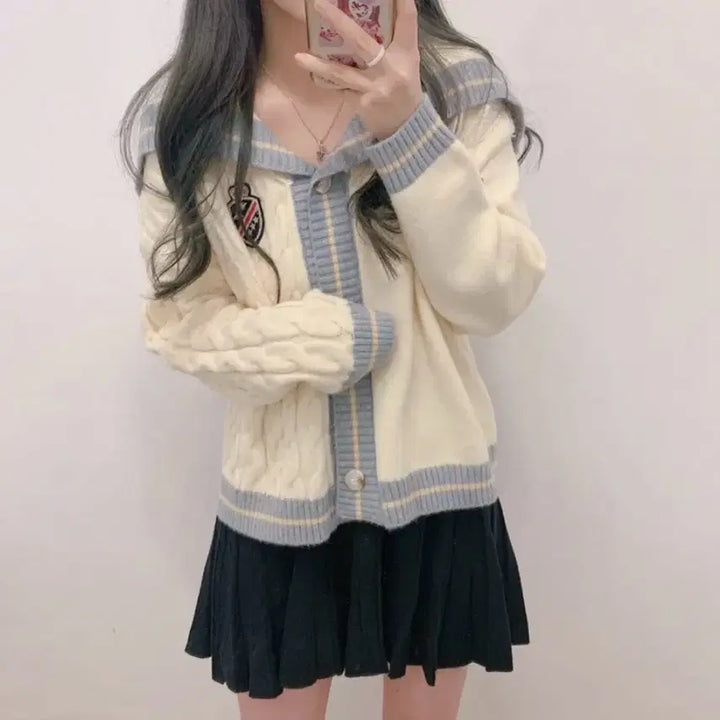[BUNJANG] School Look Cable Knit Cardigan / 스쿨룩 배색 꽈배기 가디건