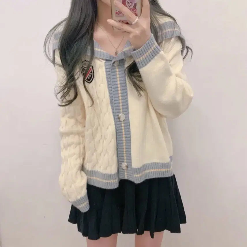 [BUNJANG] School Look Cable Knit Cardigan / 스쿨룩 배색 꽈배기 가디건