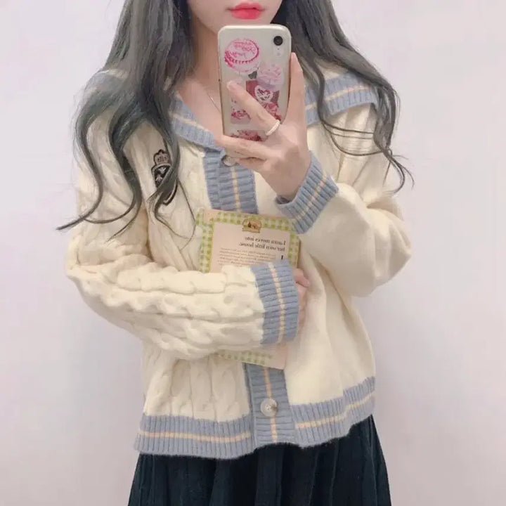 [BUNJANG] School Look Cable Knit Cardigan / 스쿨룩 배색 꽈배기 가디건
