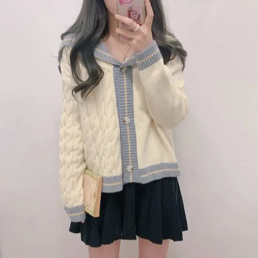 [BUNJANG] School Look Cable Knit Cardigan / 스쿨룩 배색 꽈배기 가디건