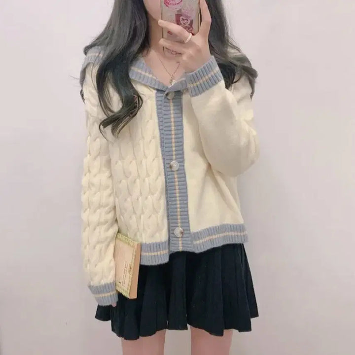 [BUNJANG] School Look Cable Knit Cardigan / 스쿨룩 배색 꽈배기 가디건
