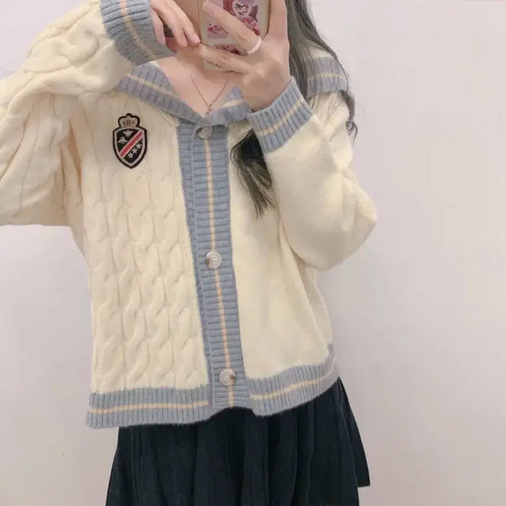 [BUNJANG] School Look Cable Knit Cardigan / 스쿨룩 배색 꽈배기 가디건