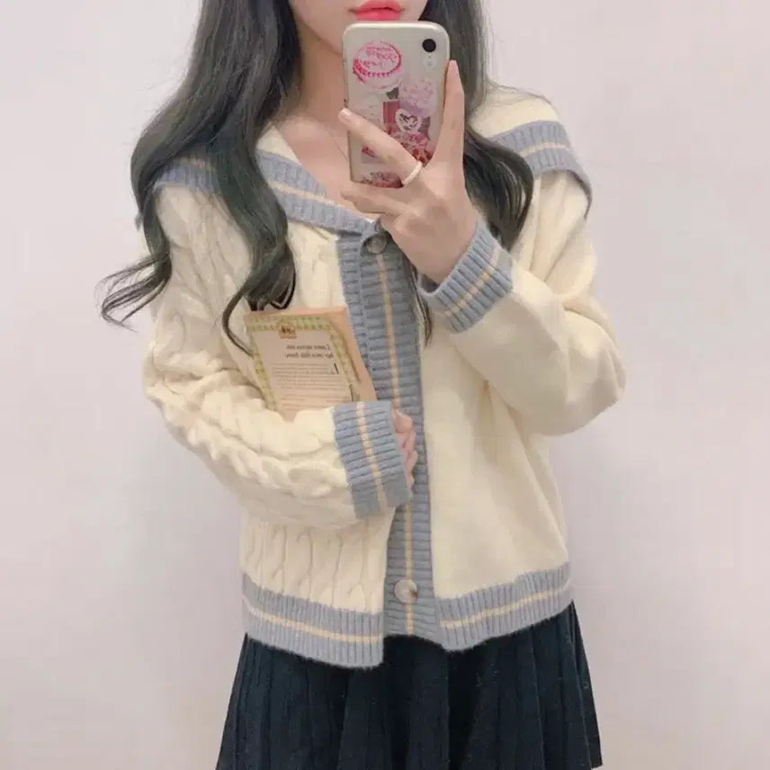 [BUNJANG] School Look Cable Knit Cardigan / 스쿨룩 배색 꽈배기 가디건