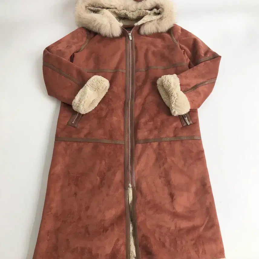 [BUNJANG] Suede Long Mouton Coat with Hood / 스웨이드 롱 무스탕 코트 후드 퍼