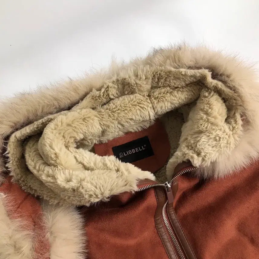 [BUNJANG] Suede Long Mouton Coat with Hood / 스웨이드 롱 무스탕 코트 후드 퍼