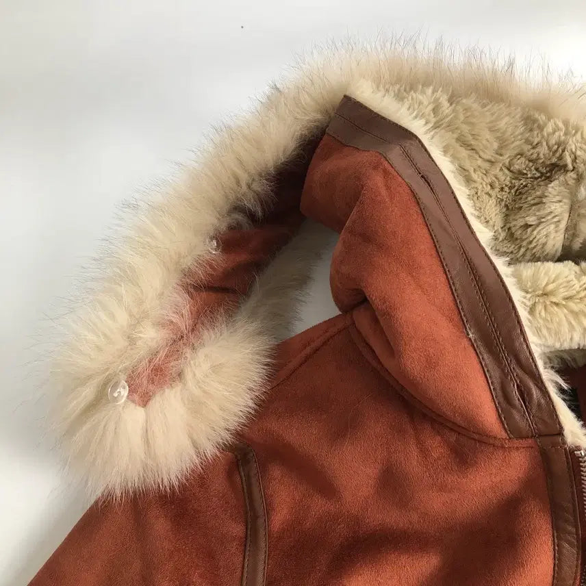 [BUNJANG] Suede Long Mouton Coat with Hood / 스웨이드 롱 무스탕 코트 후드 퍼