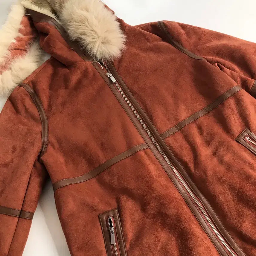 [BUNJANG] Suede Long Mouton Coat with Hood / 스웨이드 롱 무스탕 코트 후드 퍼