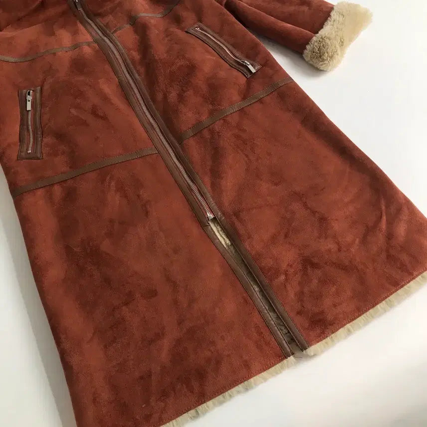 [BUNJANG] Suede Long Mouton Coat with Hood / 스웨이드 롱 무스탕 코트 후드 퍼