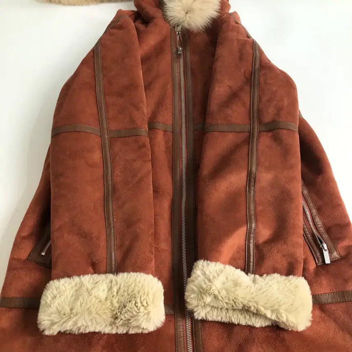 [BUNJANG] Suede Long Mouton Coat with Hood / 스웨이드 롱 무스탕 코트 후드 퍼