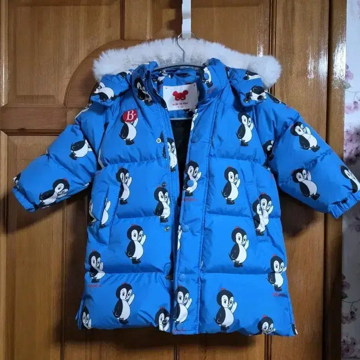[BUNJANG] Bebe de Pino Penguin Pattern Blue Down Jacket (Size 100) / 베베드피노 펭귄 패턴 블루 오리털 패딩 점퍼100