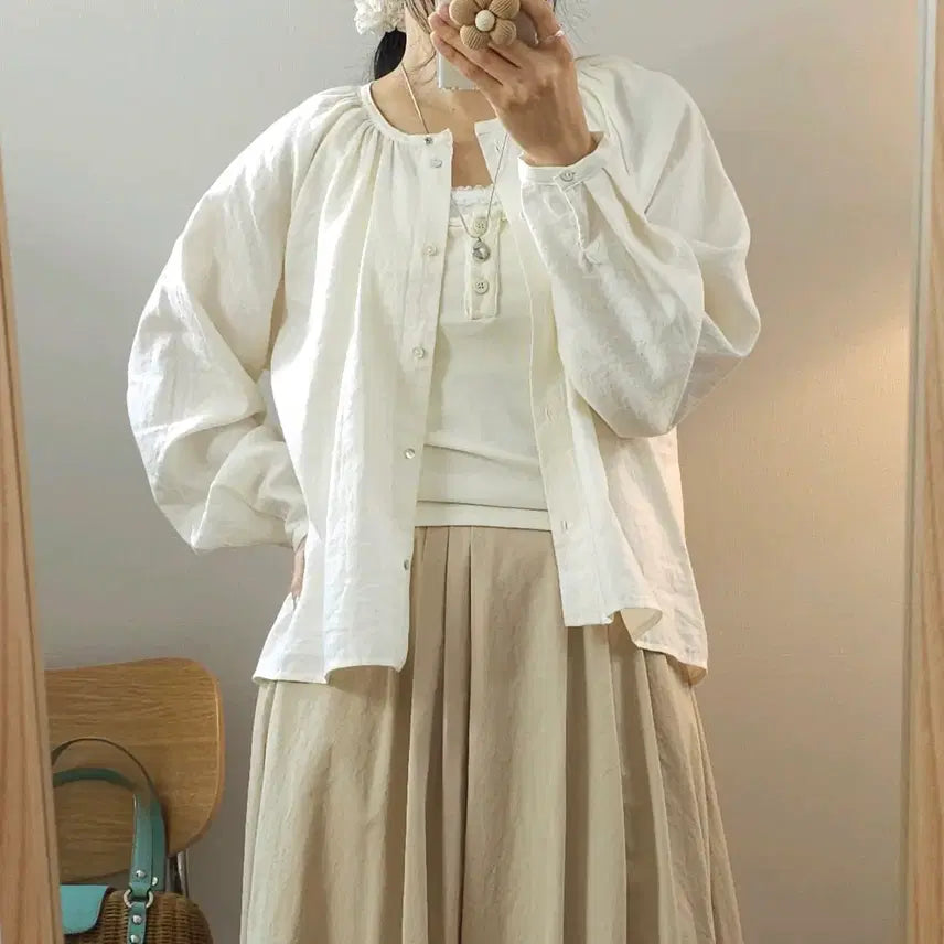 [BUNJANG] F Mood Beige Cotton Blouse / (F)무드베이지 여성 코튼 블라우스 긴팔 라운드넥 셔링 K5W3025