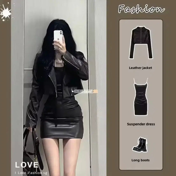 [BUNJANG] Leather Jacket and Tank Dress Set / [급처] 가죽 자켓 탱크 원피스 세트