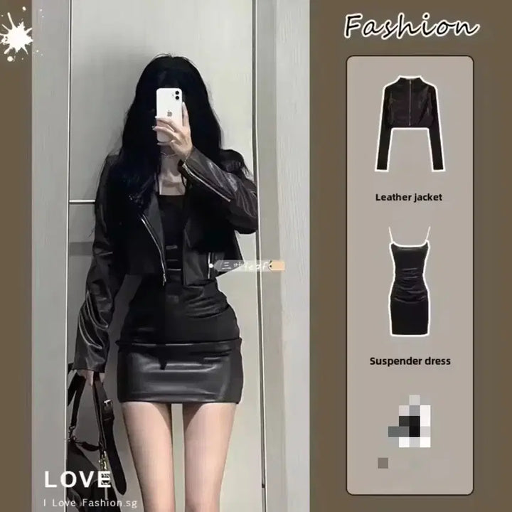 [BUNJANG] Leather Jacket and Tank Dress Set / [~3/18 급처] 가죽 자켓 탱크 원피스 세트