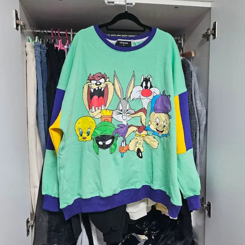 [BUNJANG] Looney Tunes Color Block Sweatshirt / 빅사이즈 루니툰 컬러블록 맨투맨 새상품