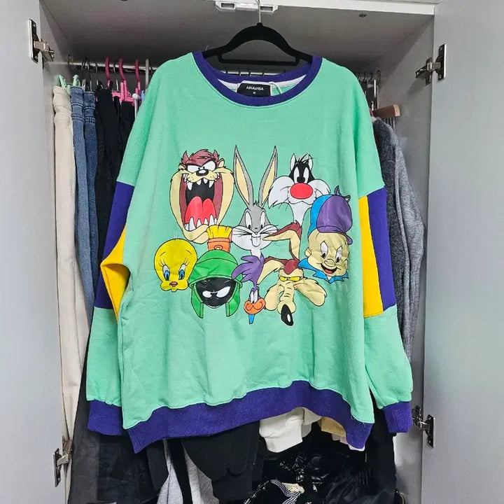 [BUNJANG] Looney Tunes Color Block Sweatshirt / 빅사이즈 루니툰 컬러블록 맨투맨 새상품