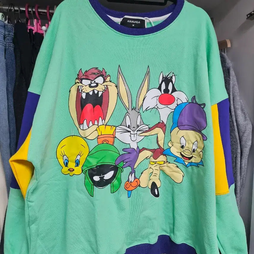 [BUNJANG] Looney Tunes Color Block Sweatshirt / 빅사이즈 루니툰 컬러블록 맨투맨 새상품