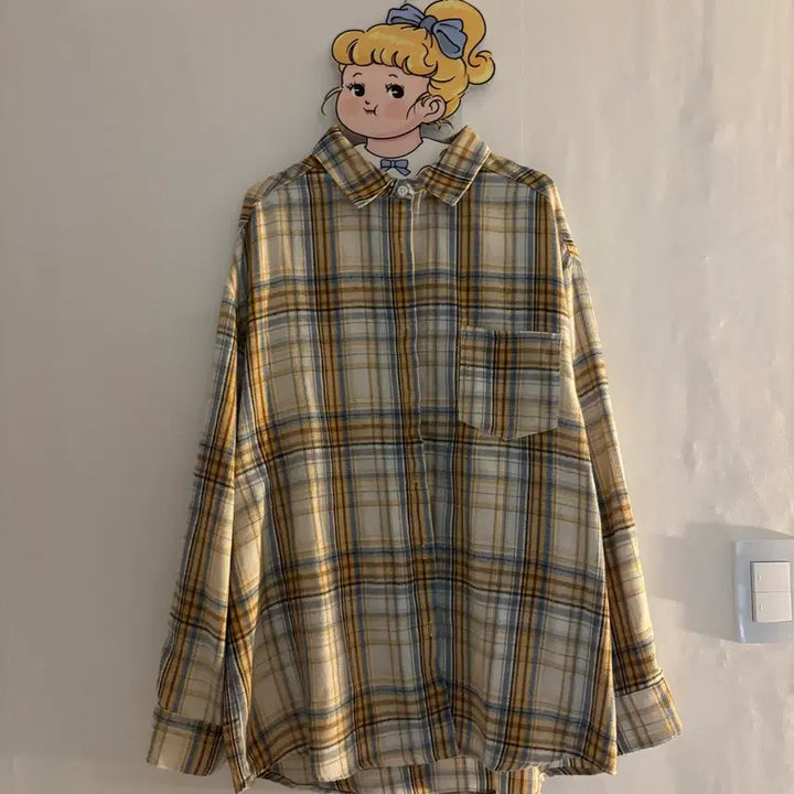 [BUNJANG] Mickey &amp; Kitty Checkered Long Sleeve Shirt - Vintage / 미키 키티 체크 긴팔 셔츠 빈티지