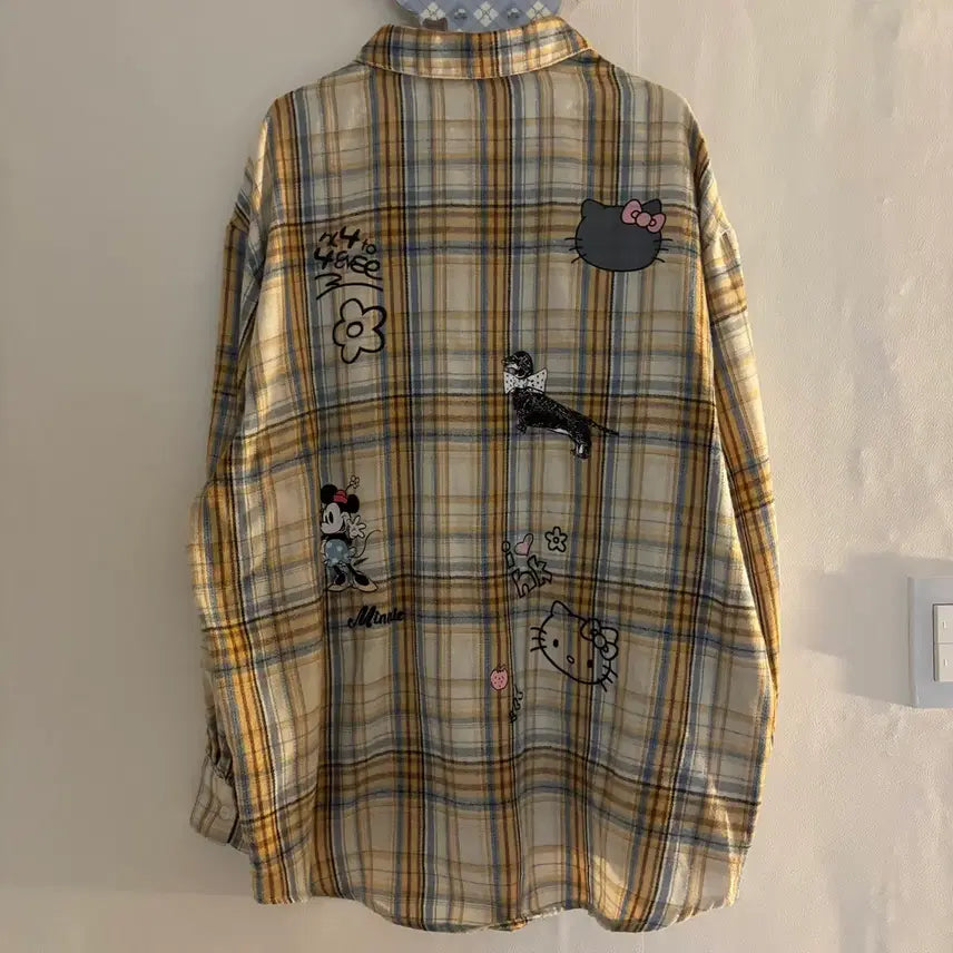 [BUNJANG] Mickey &amp; Kitty Checkered Long Sleeve Shirt - Vintage / 미키 키티 체크 긴팔 셔츠 빈티지