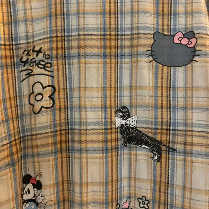 [BUNJANG] Mickey &amp; Kitty Checkered Long Sleeve Shirt - Vintage / 미키 키티 체크 긴팔 셔츠 빈티지