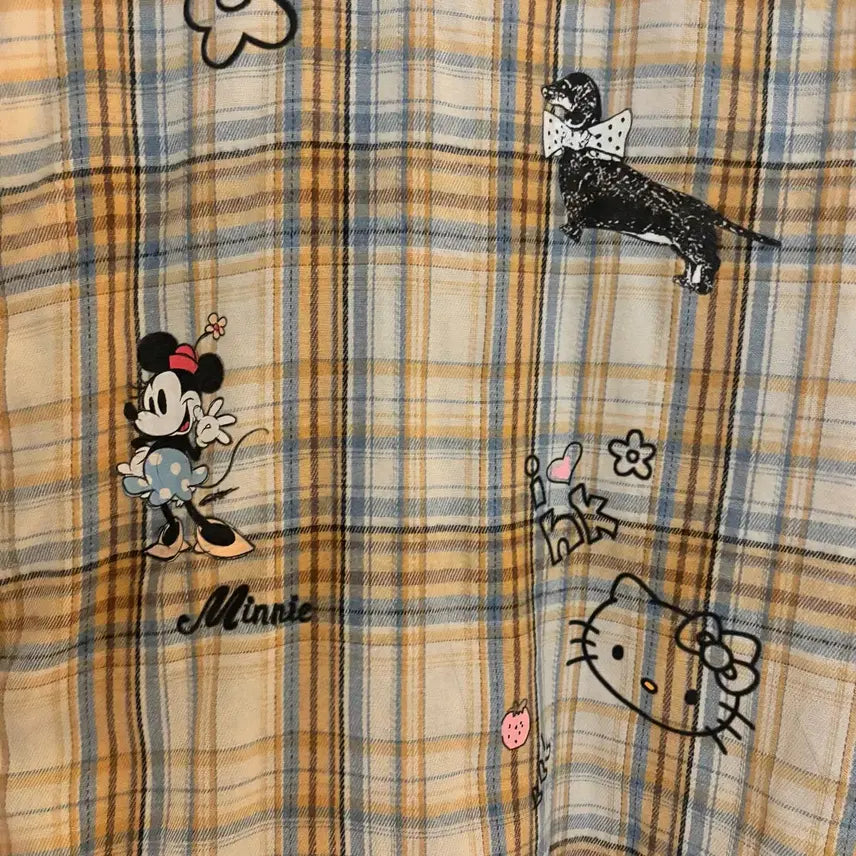 [BUNJANG] Mickey &amp; Kitty Checkered Long Sleeve Shirt - Vintage / 미키 키티 체크 긴팔 셔츠 빈티지