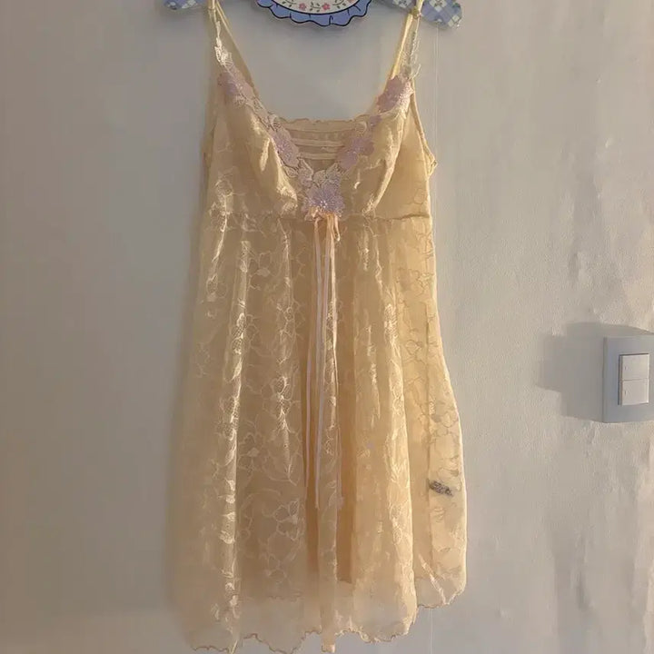 [BUNJANG] Vintage Embroidered Lace Slip Dress / 자수 레이스 슬립 끈원피스 빈티지
