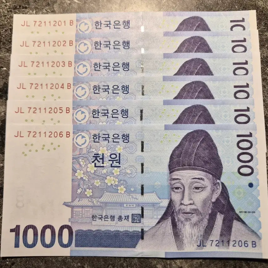 [BUNJANG] Korean Banknote 1000 Won 6-Piece Set / 3차천원  JL 7211201~ 지폐 6장 12원생일저금