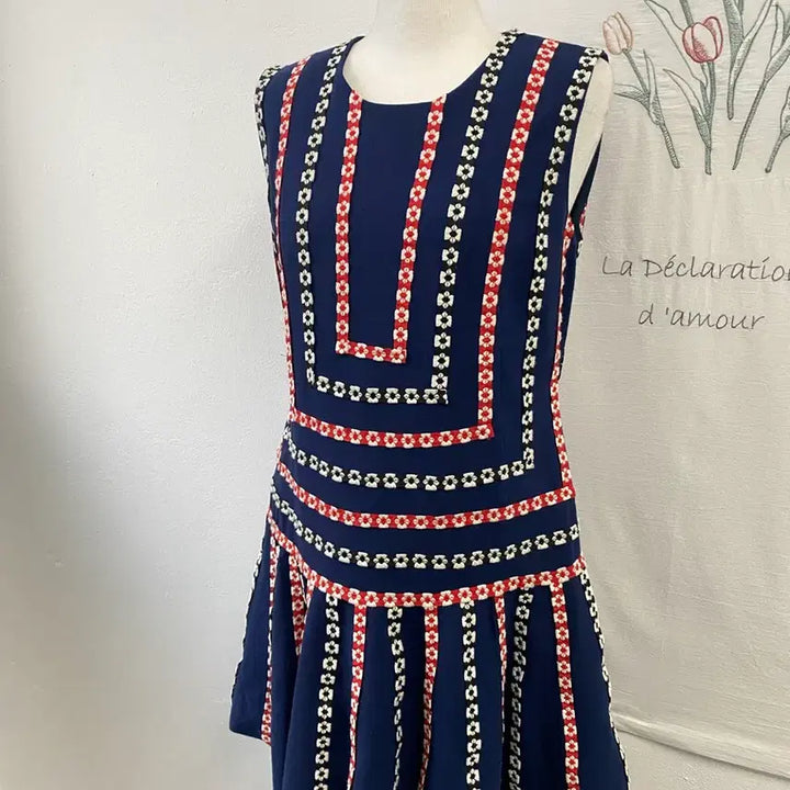 [BUNJANG] Magin Navy Flare Pattern Sleeveless Dress / 매긴 네이비 플레어 패턴 나시 원피스