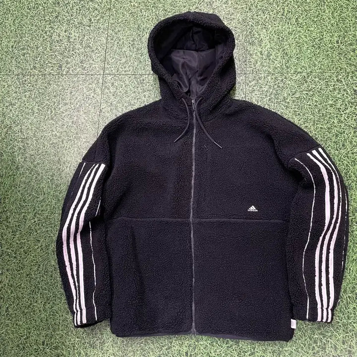 [BUNJANG] Adidas Fleece 3-Stripes Hoodie Jacket / 아디다스 후리스 뽀글이 검정 3선 후드점퍼 자켓 95~100