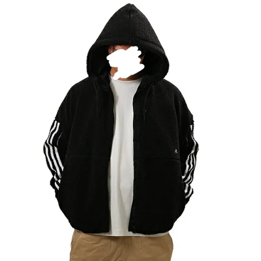 [BUNJANG] Adidas Fleece 3-Stripes Hoodie Jacket / 아디다스 후리스 뽀글이 검정 3선 후드점퍼 자켓 95~100
